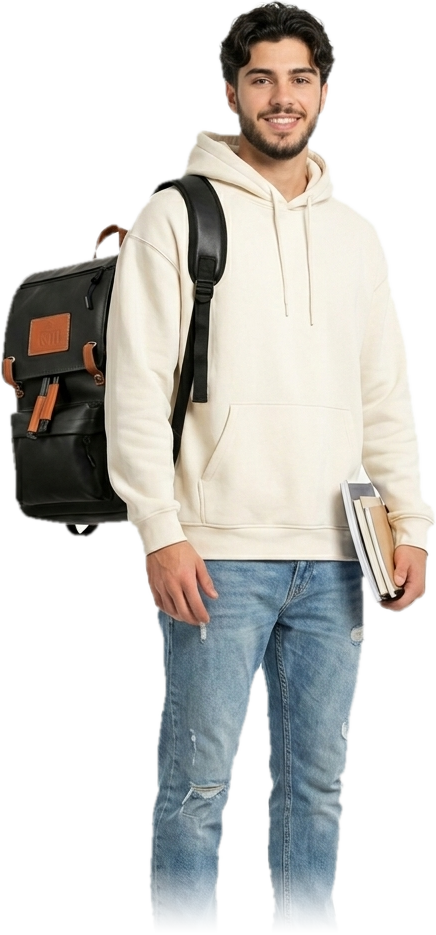 A student carrying the black Kili backpack over his shoulder