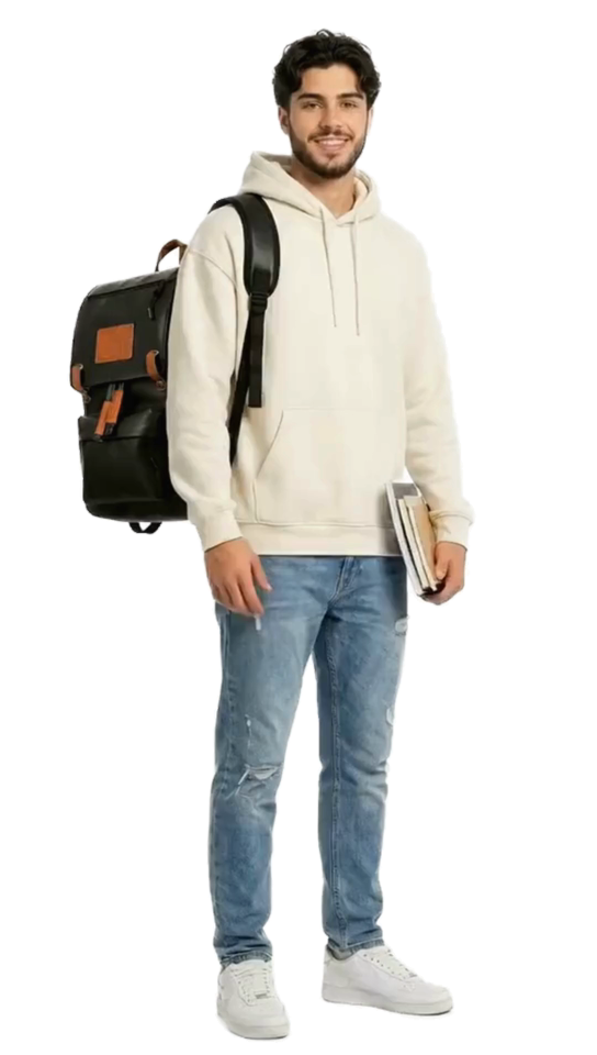 A student carrying the black Kili backpack over his shoulder